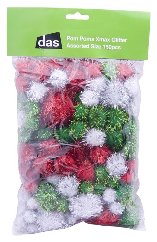 POM POMS XMAS GLITTER ASSORTED SIZE 150p