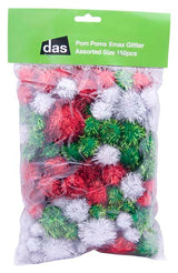 POM POMS XMAS GLITTER ASSORTED SIZE 150p